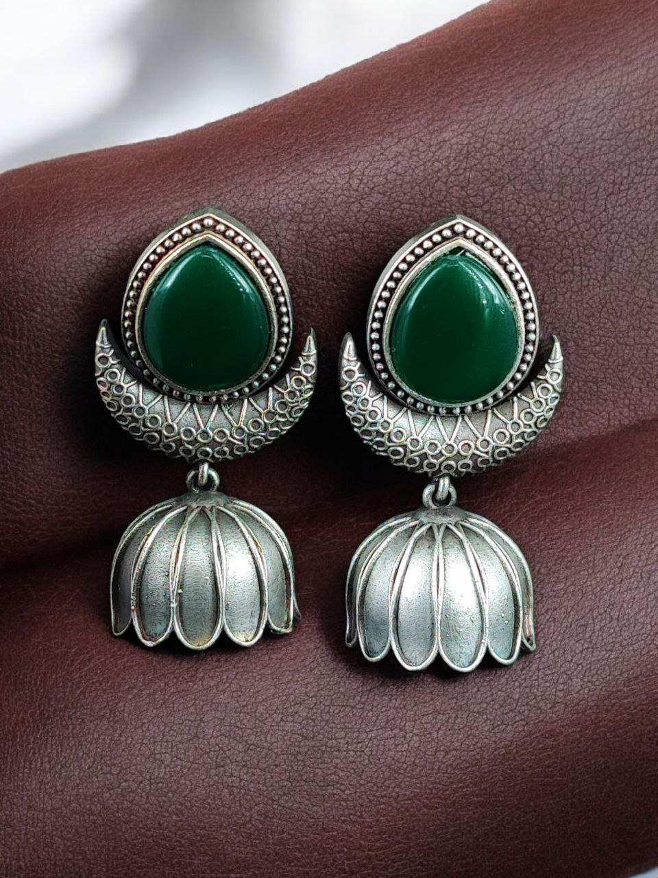 Traditional Oxidized Jhumka Earrings | Silver Replica Monalisa Stone Perfect Jewelry Gift for Her 6 Oxidized silver replica jhumka earrings with Monalisa stone