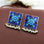 Traditional Silver Plated Meenakari Stud Earrings | Oxidized Pearl Work Amazing Jewelry - "Blue-Aqua"