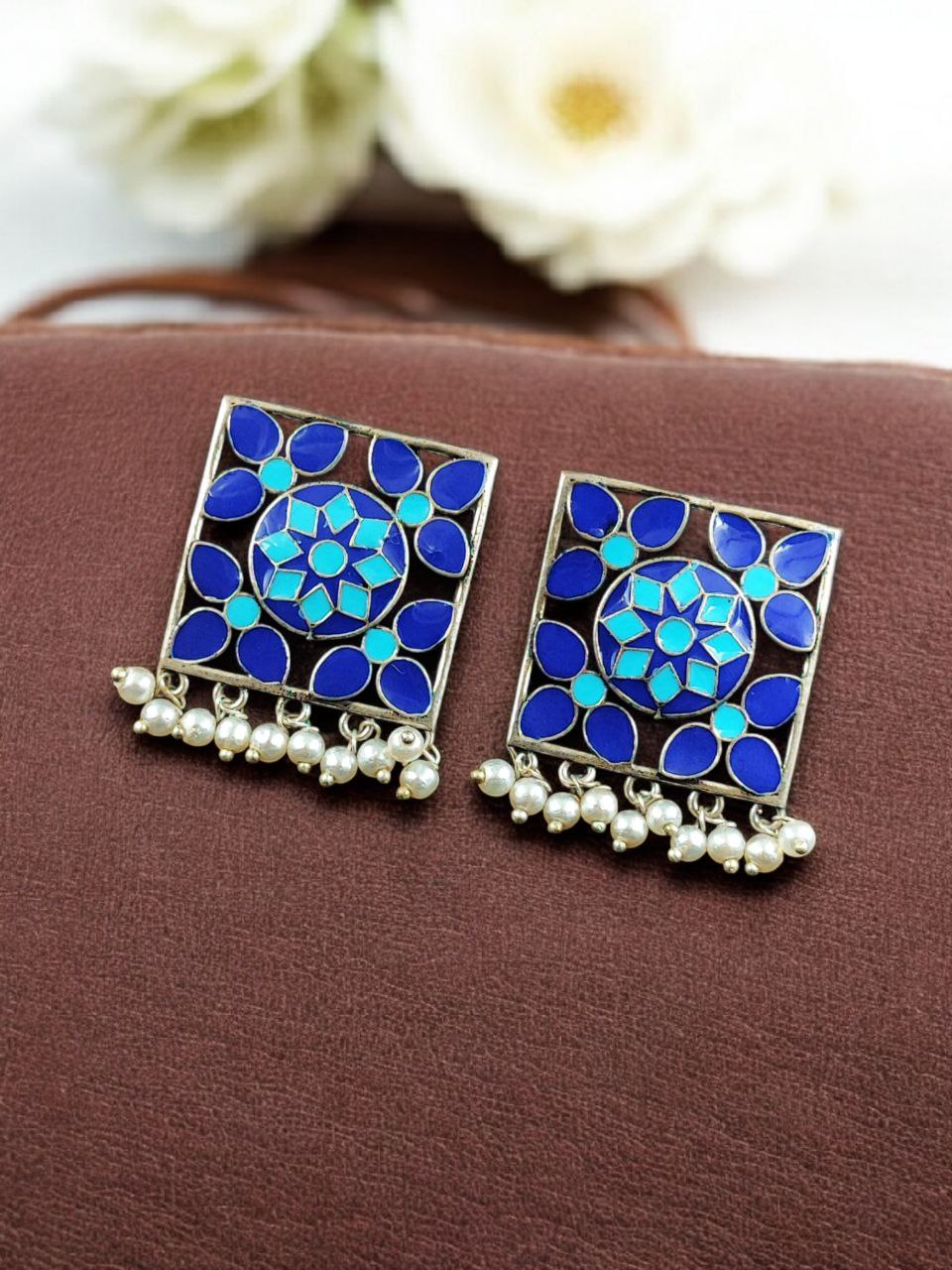 Traditional Silver Plated Meenakari Stud Earrings | Oxidized Pearl Work Amazing Jewelry 6 Silver plated meenakari stud earrings with oxidized finish and pearl work