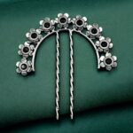 Ethnic Silver Plated Flower Bun Stick | Beautiful Hair Accessory with Stone Work - "Black"