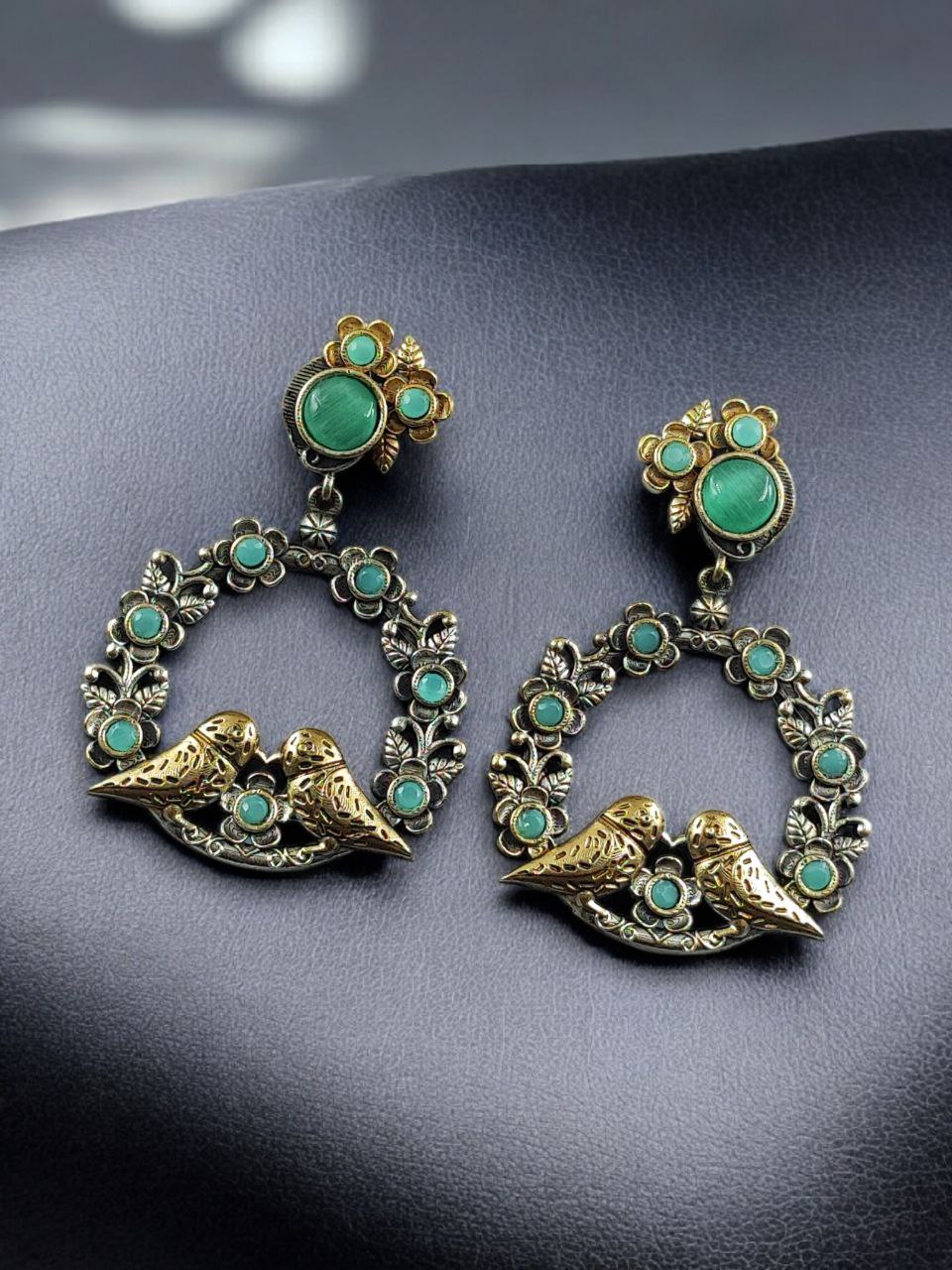 Elegant Two-Tone Bird Earrings | Flower Design Stone Work Best Traditional Jewelry 5 Two-tone bird design dangler earrings with flower stone work