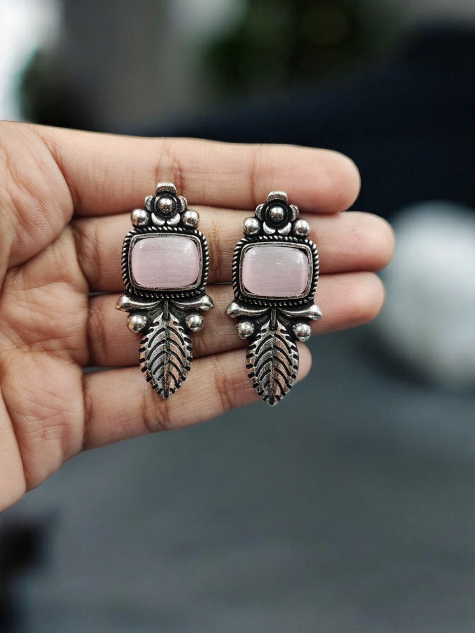 Traditional Silver Plated Leaf Design Earrings with Oxidized Finish 5 Traditional Silver Plated Leaf Design Earrings with Oxidized Finish - Image 6