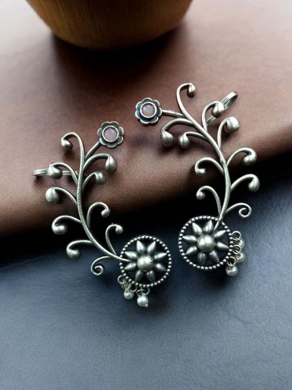 Traditional Look Flower Design Earcuff | Silver Replica Stone & Pearl Work Beautiful Jewelry For Girls 6 Silver replica flower design earcuff with stone and pearl work
