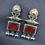 Beautiful Design Two-Tone Stud Earrings | Monalisa Stone with Pearl Detailing - "Red"