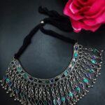 Geometric Design Silver Plated Thread Necklace with Beautiful Stone and Pearl Work