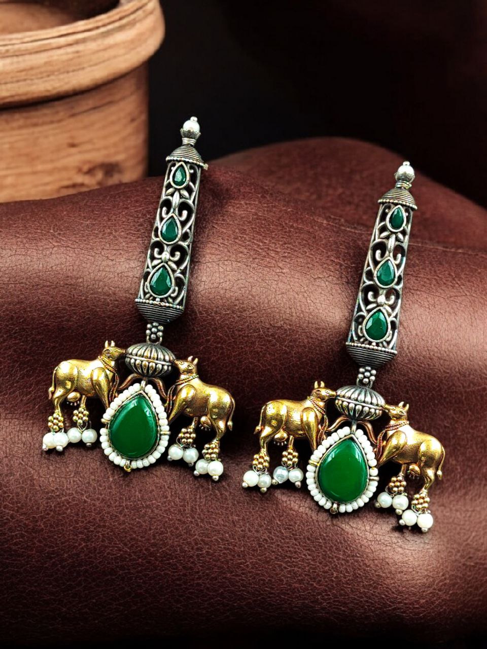 Premium Look Nandi Design Two-Tone Earrings | Stone & Pearl Work Beautiful Statement Jewelry 6 Premium look Nandi design two-tone stone and pearl earrings