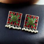 Traditional Silver Plated Meenakari Stud Earrings | Oxidized Pearl Work Amazing Jewelry - "Red-Green"