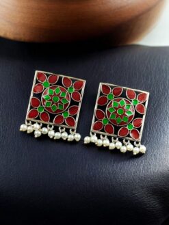 Silver plated meenakari stud earrings with oxidized finish and pearl work