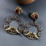 Elegant Two-Tone Bird Earrings | Flower Design Stone Work Best Traditional Jewelry - "Red"