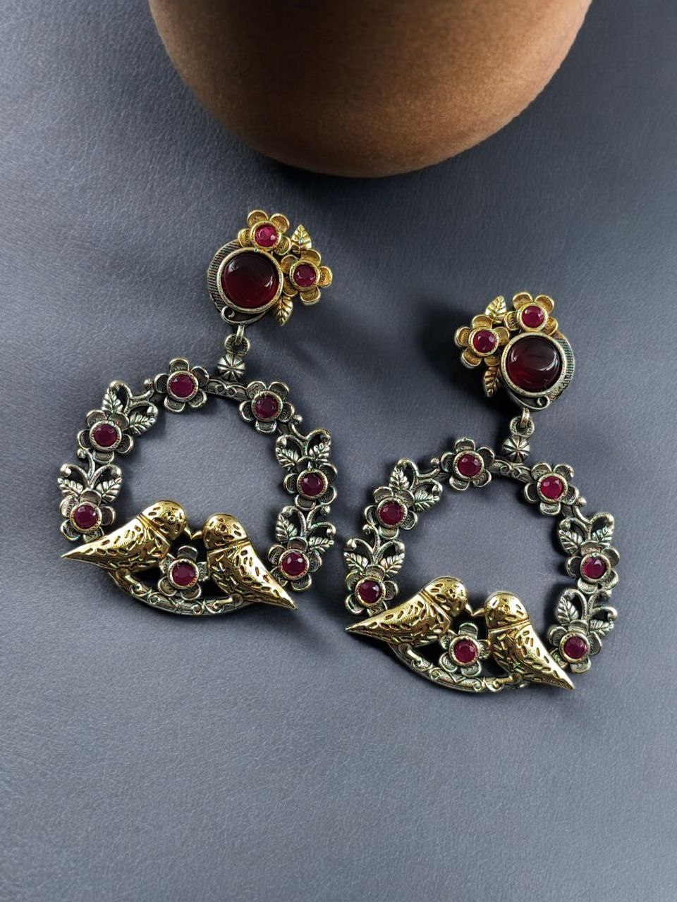 Elegant Two-Tone Bird Earrings | Flower Design Stone Work Best Traditional Jewelry 6 Two-tone bird design dangler earrings with flower stone work