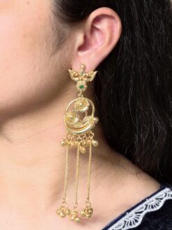 Gold plated peacock dangler Kashmiri earrings with flower design