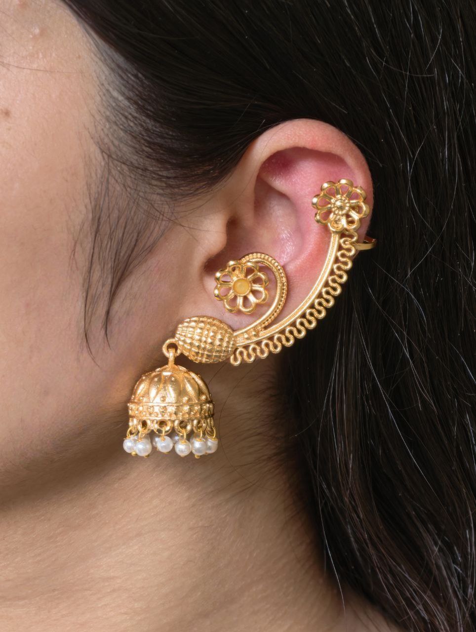 Affordable Design Gold Plated Jhumka Earcuff | Stone & Pearl Traditional Jewelry 6 Gold plated jhumka earcuff with stone and pearl work
