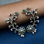 Traditional Look Flower Design Earcuff | Silver Replica Stone & Pearl Work Beautiful Jewelry For Girls - "Green"