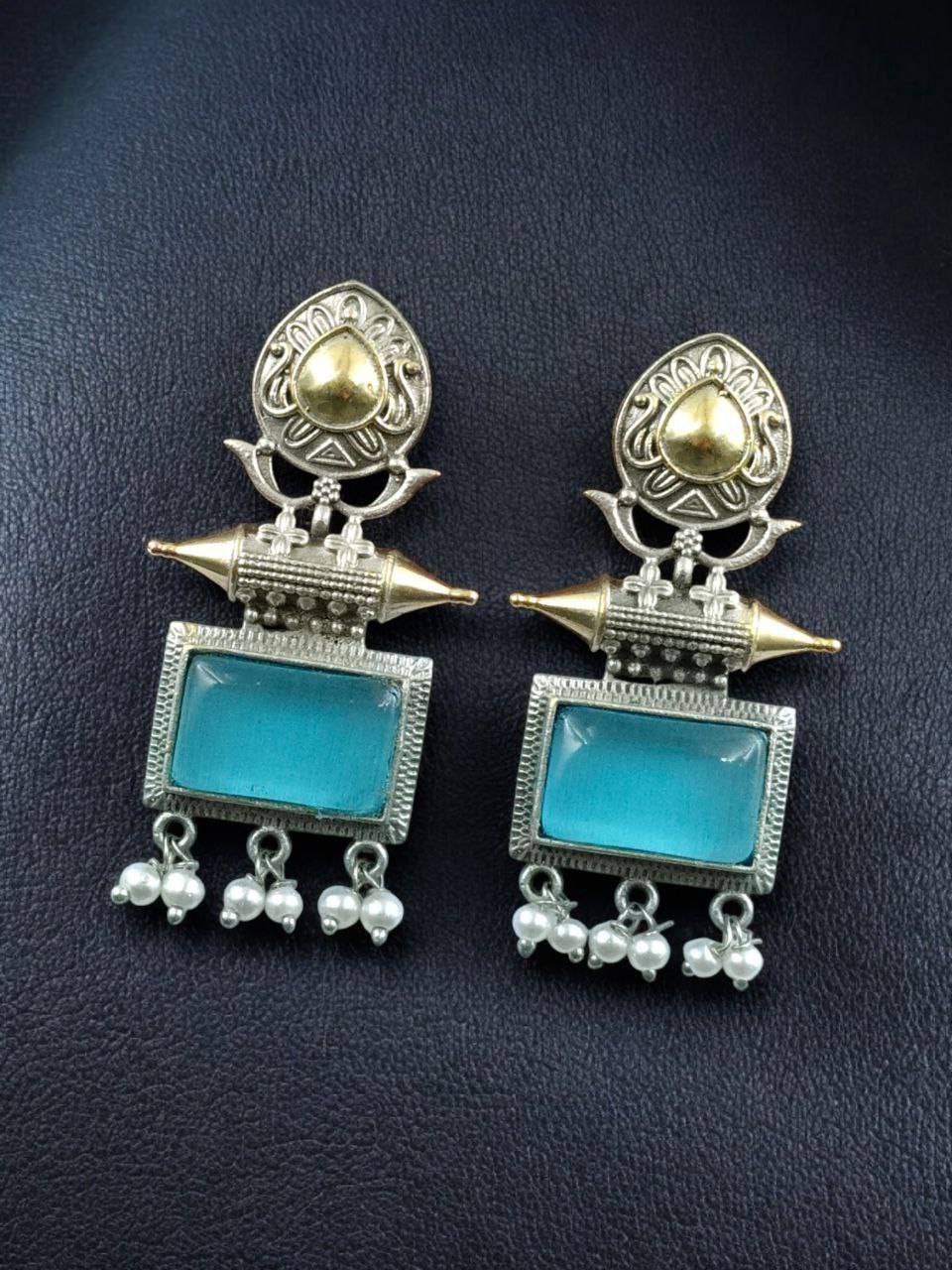 Beautiful Design Two-Tone Stud Earrings | Monalisa Stone with Pearl Detailing 2 Two-tone stud earrings with Monalisa stone and pearl detailing