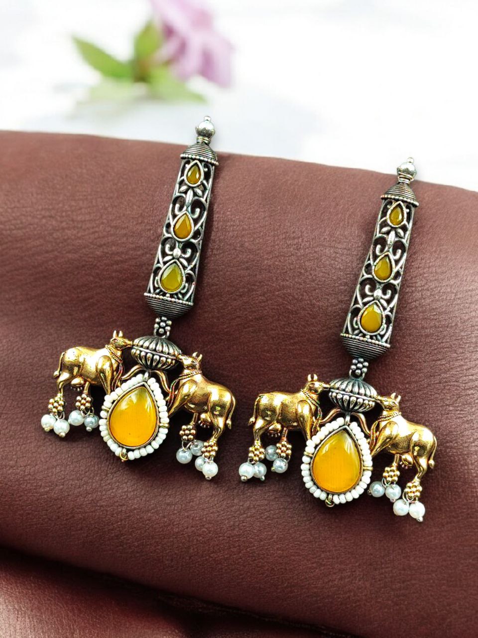 Premium Look Nandi Design Two-Tone Earrings | Stone & Pearl Work Beautiful Statement Jewelry 7 Premium look Nandi design two-tone stone and pearl earrings