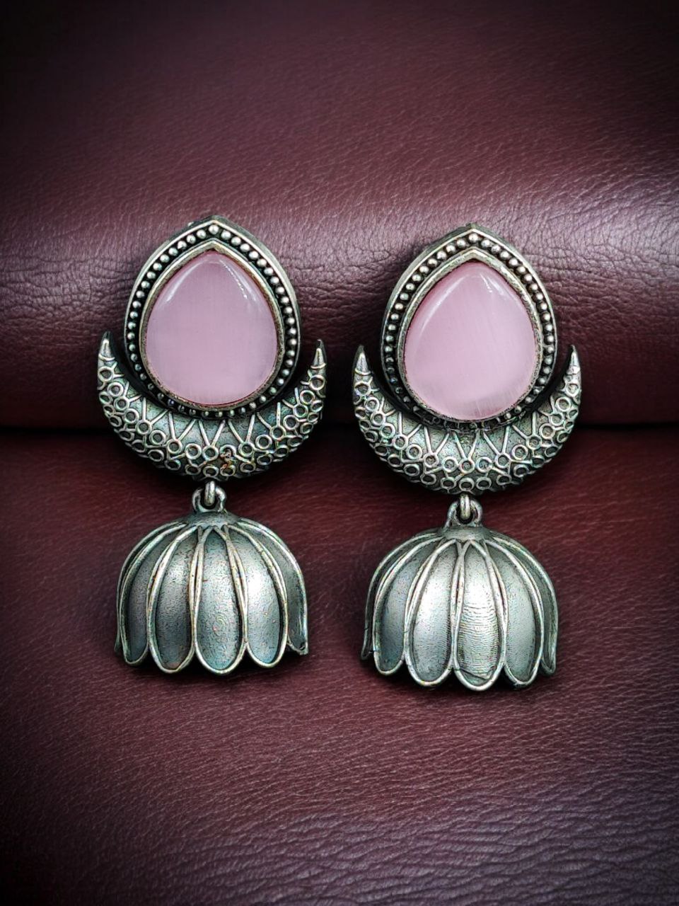 Traditional Oxidized Jhumka Earrings | Silver Replica Monalisa Stone Perfect Jewelry Gift for Her 8 Oxidized silver replica jhumka earrings with Monalisa stone