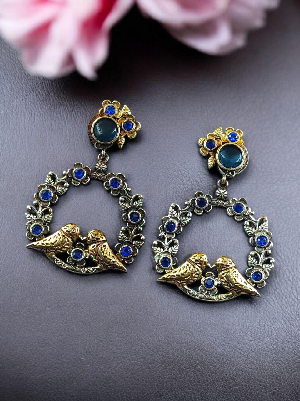 Elegant Two-Tone Bird Earrings | Flower Design Stone Work Best Traditional Jewelry 7 Two-tone bird design dangler earrings with flower stone work