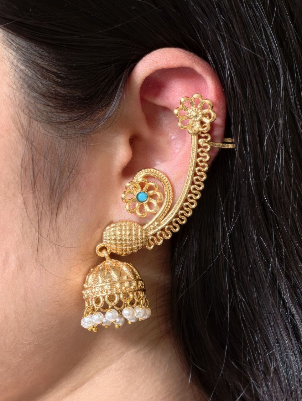 Affordable Design Gold Plated Jhumka Earcuff | Stone & Pearl Traditional Jewelry 7 Gold plated jhumka earcuff with stone and pearl work
