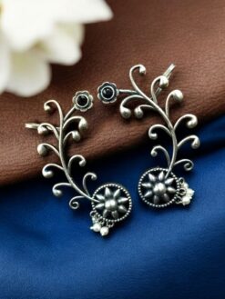 Silver replica flower design earcuff with stone and pearl work