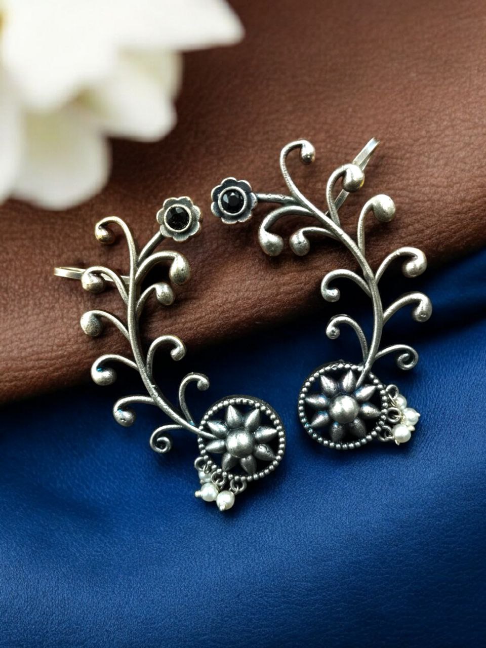 Traditional Look Flower Design Earcuff | Silver Replica Stone & Pearl Work Beautiful Jewelry For Girls 1 Silver replica flower design earcuff with stone and pearl work