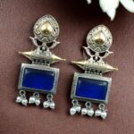 Beautiful Design Two-Tone Stud Earrings | Monalisa Stone with Pearl Detailing - "Blue"