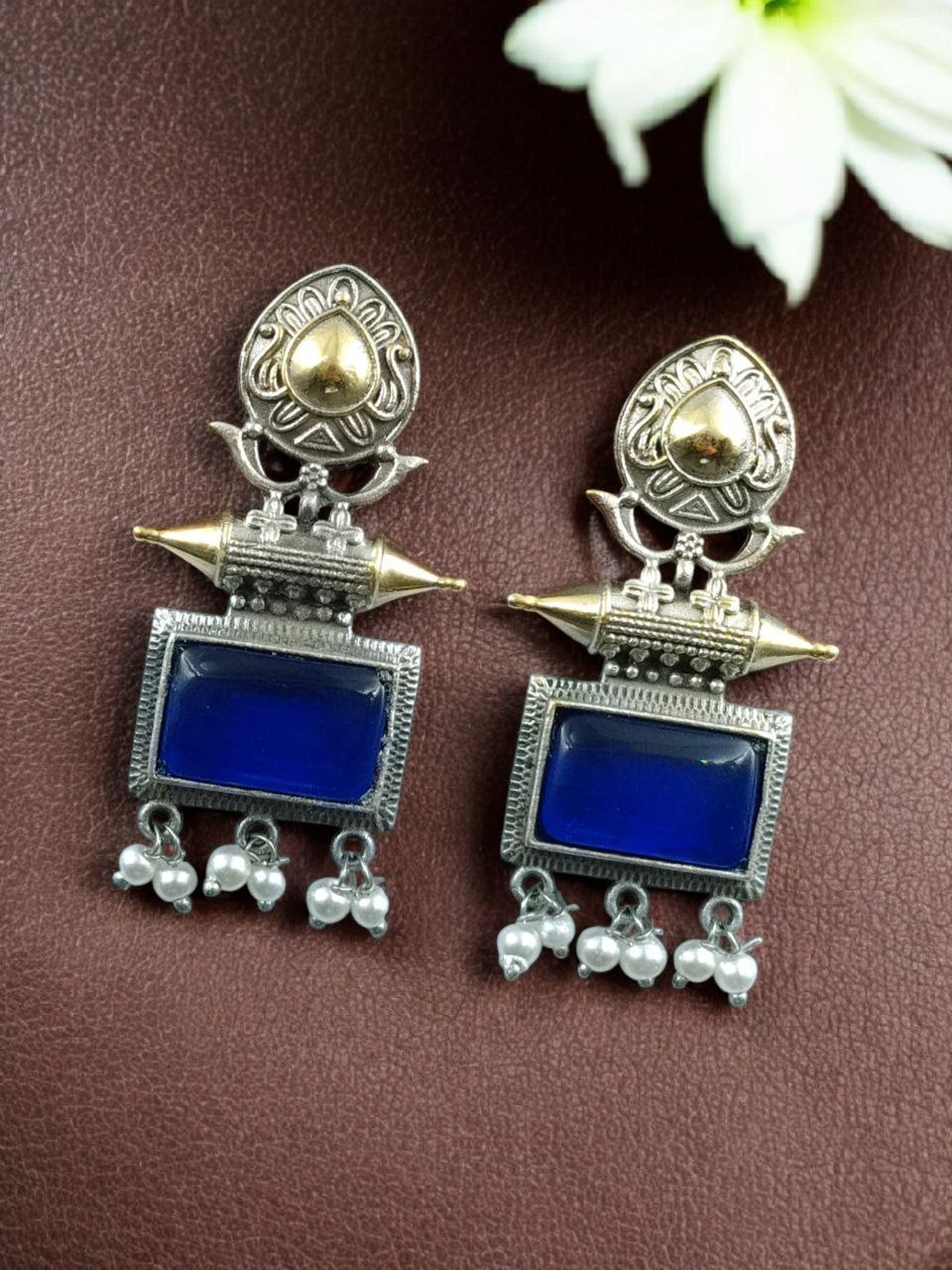 Beautiful Design Two-Tone Stud Earrings | Monalisa Stone with Pearl Detailing 3 Two-tone stud earrings with Monalisa stone and pearl detailing