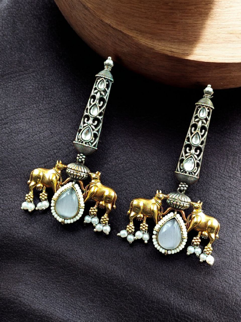 Premium Look Nandi Design Two-Tone Earrings | Stone & Pearl Work Beautiful Statement Jewelry 8 Premium look Nandi design two-tone stone and pearl earrings