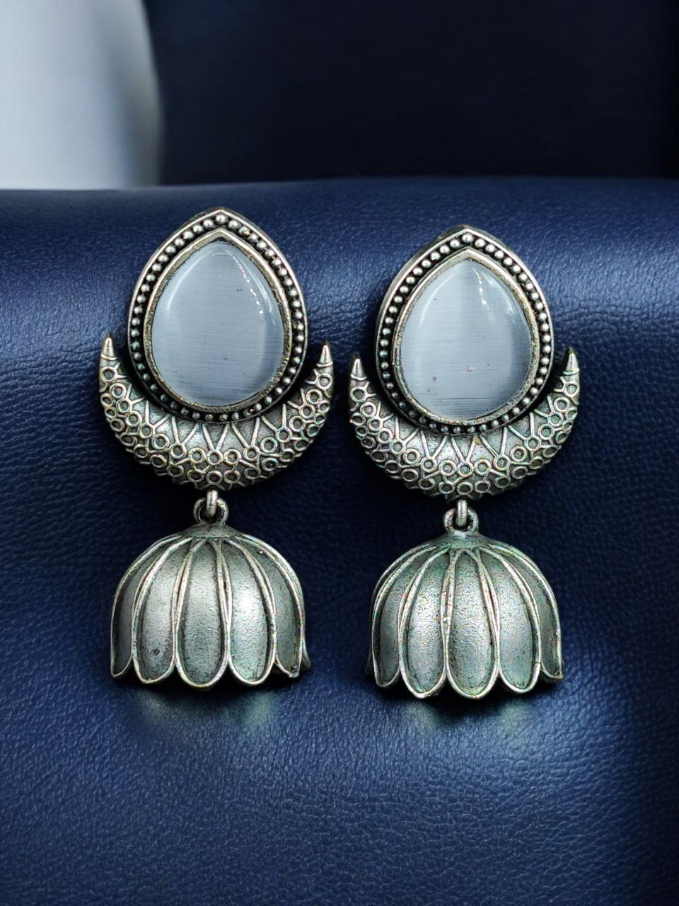 Traditional Oxidized Jhumka Earrings | Silver Replica Monalisa Stone Perfect Jewelry Gift for Her 9 Oxidized silver replica jhumka earrings with Monalisa stone