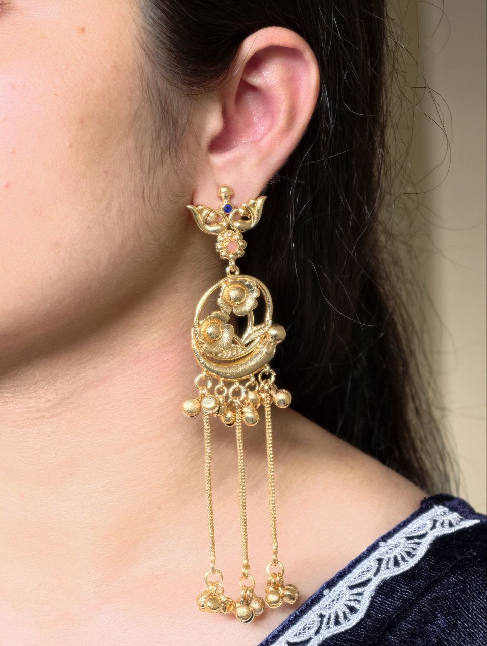 Festive Wear Gold Plated Peacock Dangler Kashmiri Earrings with Flower Design Beautiful Jewelry For Women 8 Gold plated Kashmiri peacock dangler earrings with flower design
