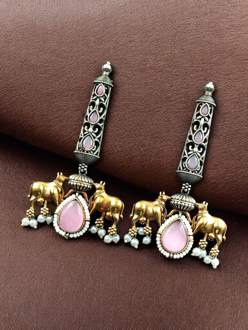 Premium Look Nandi Design Two-Tone Earrings | Stone & Pearl Work Beautiful Statement Jewelry 9 Premium look Nandi design two-tone stone and pearl earrings