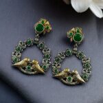 Elegant Two-Tone Bird Earrings | Flower Design Stone Work Best Traditional Jewelry - "Green"
