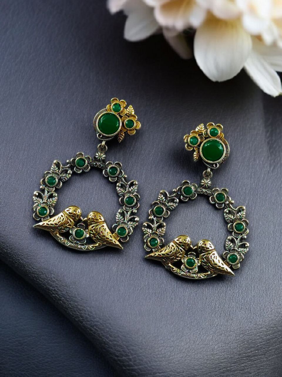 Elegant Two-Tone Bird Earrings | Flower Design Stone Work Best Traditional Jewelry 9 Two-tone bird design dangler earrings with flower stone work