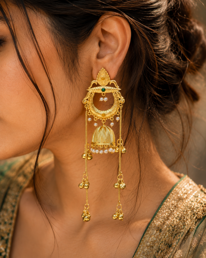 Beautiful Gold Plated Kashmiri Jhumka Earrings with Premium Stone Pearl Work
