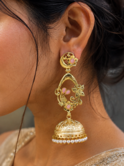 Traditional Butterfly Jhumka Earrings in affordable gold plated finish, ethnic dome design perfect for weddings and festive wear.