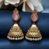 Luxurious Gold Plated Jhumka Earrings with Sparkling Stone Pearl Work 12 Luxurious gold plated jhumka earrings with sparkling stone embellishments and elegant pearl work, traditional Indian ethnic jewelry