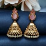 Bulk 118 Luxurious Gold Plated Jhumka Earrings with Sparkling Stone Pearl Work - "Baby Pink"