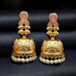 Gold Plated Floral Art Jhumka Dangler Earrings | Stone & Pearl Work Unique Jewelry - "Baby pink"