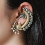 Beautiful Design Two-Tone Peacock Earcuff | Stone & Pearl Work Traditional Jewelry - "Green"