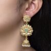 Gold plated flower design jhumka earrings with stone and pearl work