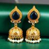 Gold plated jhumka earrings with stone and pearl work