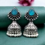 Bulk 6 Traditional Monalisa Stone Silver Plated Jhumka Earrings | Best Pearl Work Festive Wear Jewelry - "Aqua"