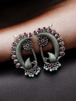Silver Plated Peacock Earcuff for Women with Stylish Ethnic Design - "Red"