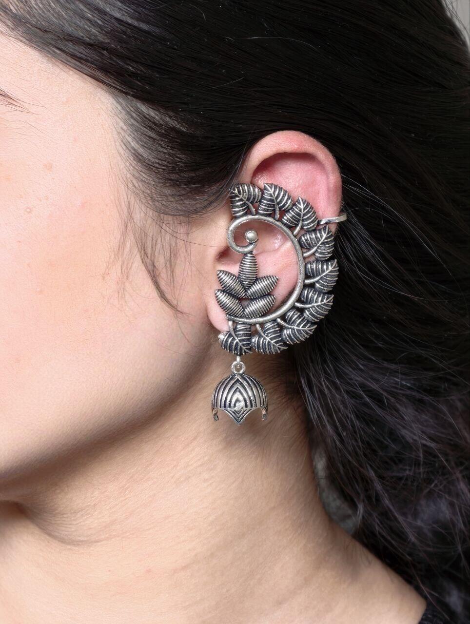 Premium Silver Plated Leaf Design Jhumka Earcuff | Perfect Jewelry Gift For Her 1 Silver plated leaf design jhumka earcuff for women