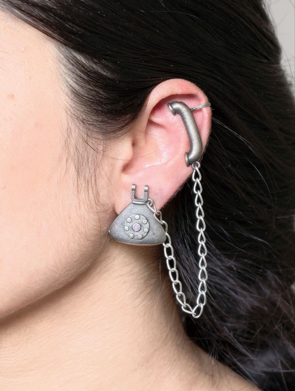 Silver Replica Beautiful Design Telephone Earcuff | Stone Work Oxidized Jewelry For Girls 8 Silver replica oxidized telephone earcuff with stone work