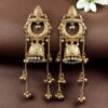 Royal gold plated Kashmiri jhumka earrings with intricate stone detailing and elegant pearl work, traditional Indian bridal and festive jewelry design