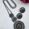 Flower design silver replica necklace set with round stud earrings, traditional antique finish ethnic jewelry set for women