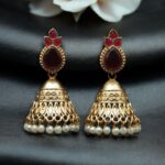 Luxurious Gold Plated Jhumka Earrings with Sparkling Stone Pearl Work