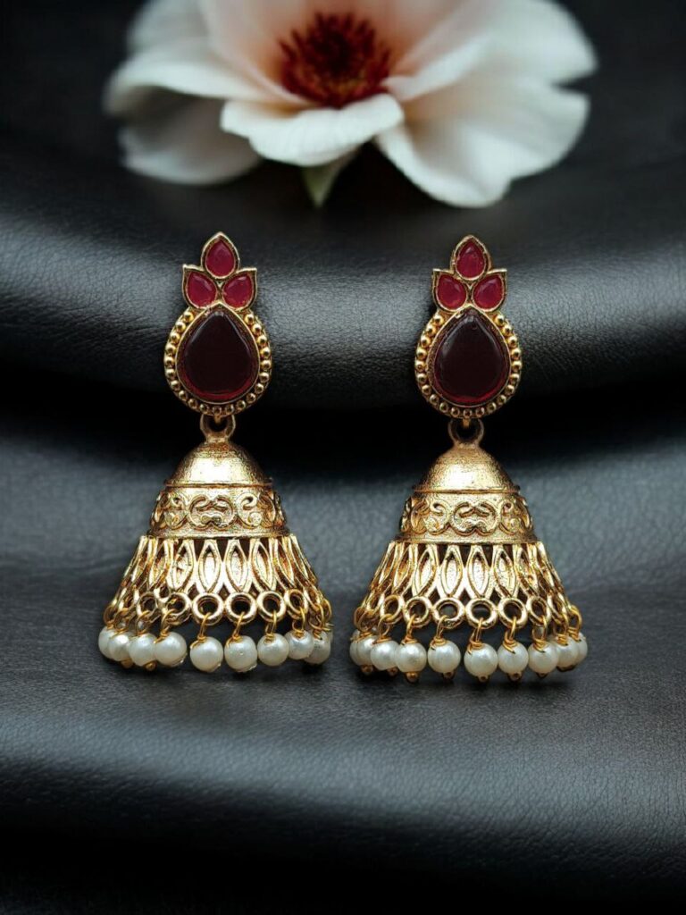 Luxurious Gold Plated Jhumka Earrings with Sparkling Stone Pearl Work