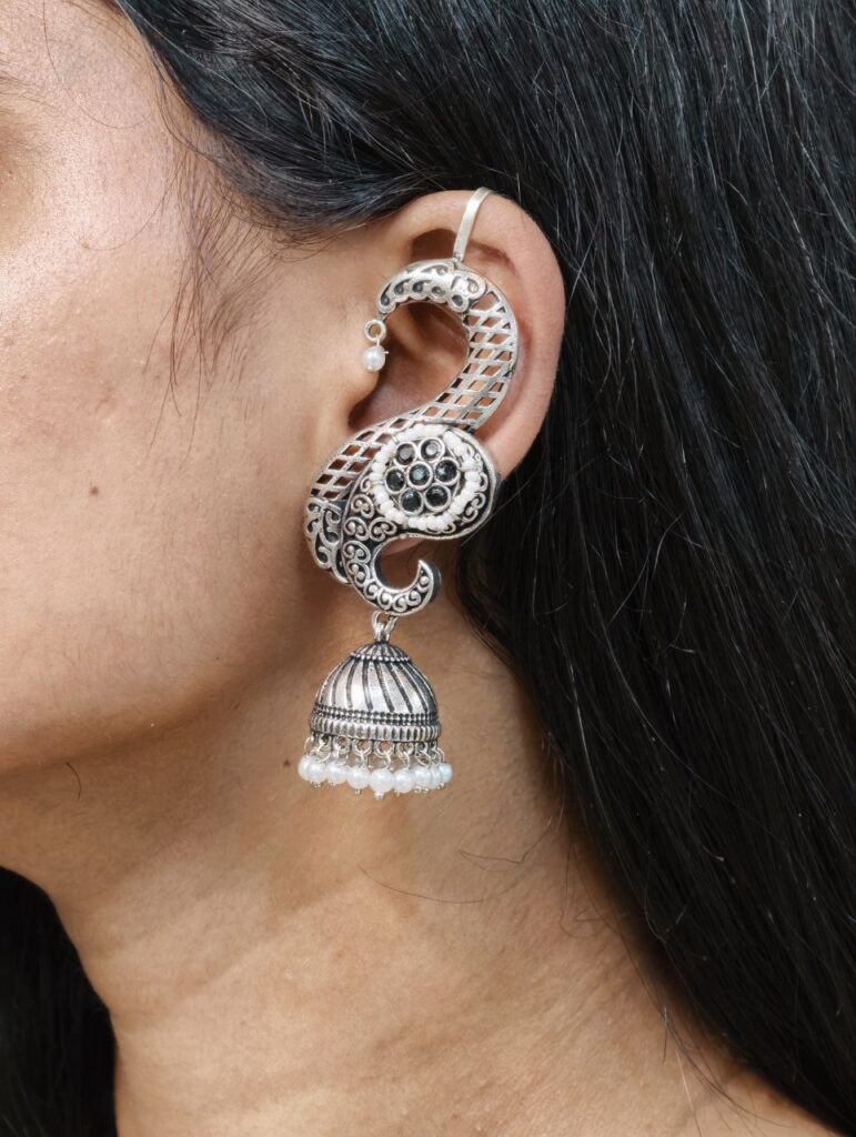 Stunning Oxidised Jhumka Earcuff with Elegant Traditional Statement Design