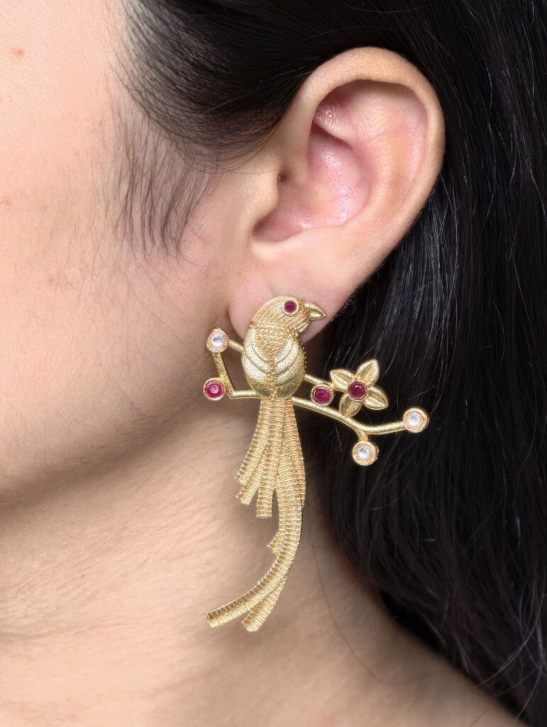 Handcrafted Gold Plated Parrot Stud Earrings | Flower Design & Stone Work Beautiful Jewelry